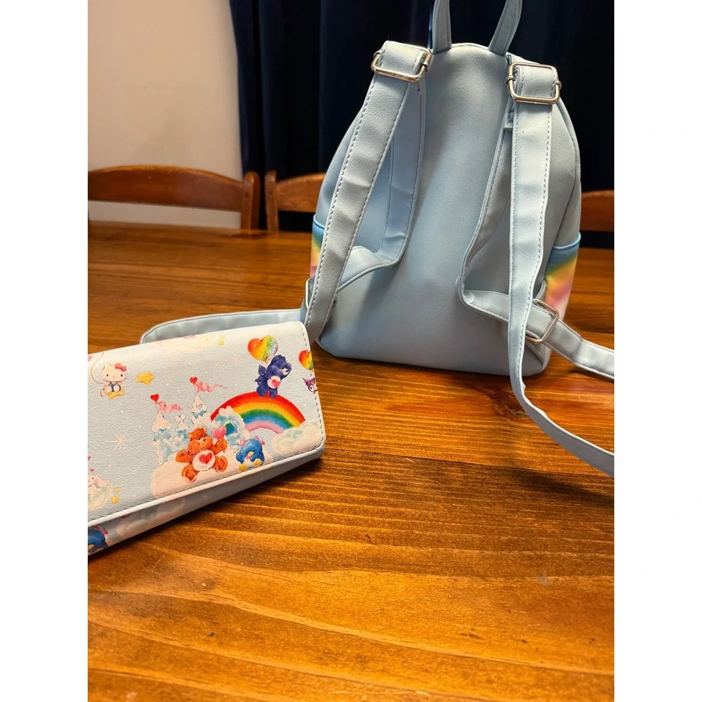 Loungefly Care Bears Hello Kitty Mini Backpack Wallet Set Blue Rainbow Excellent